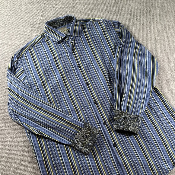 Thomas Dean Shirt Mens Large Blue Stripe Flip Cuff Long Sleeve Button Up Paisley - Picture 1 of 7
